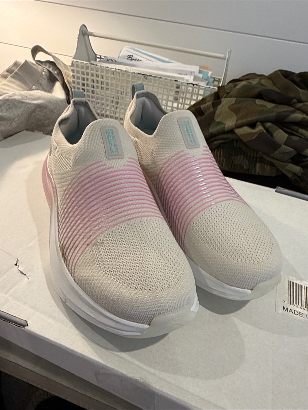 Skechers Slip-On Knit Sneakers in Cream and Pink - Picture 1 of 9